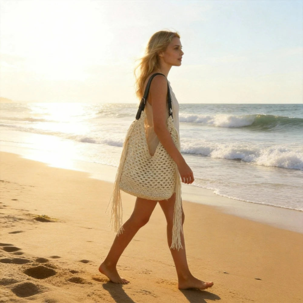 Cotton Woven Tassel Tote, Bohemian Beach Bag - product photo 6