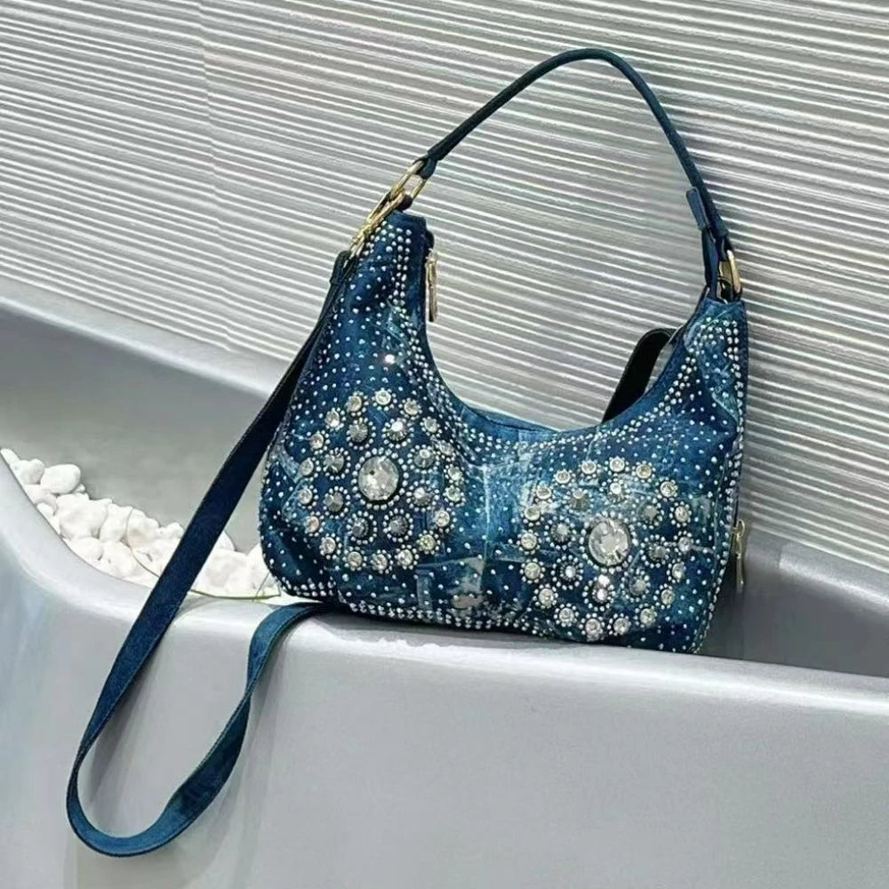 Washed Denim Handbag with Rhinestone Detail - product photo 6