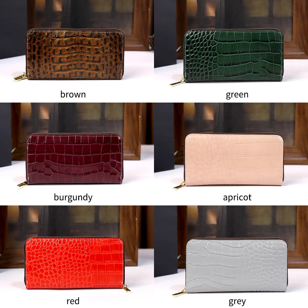 Croc-Pattern Long Wallet, Genuine Leather Card Case - product photo 5