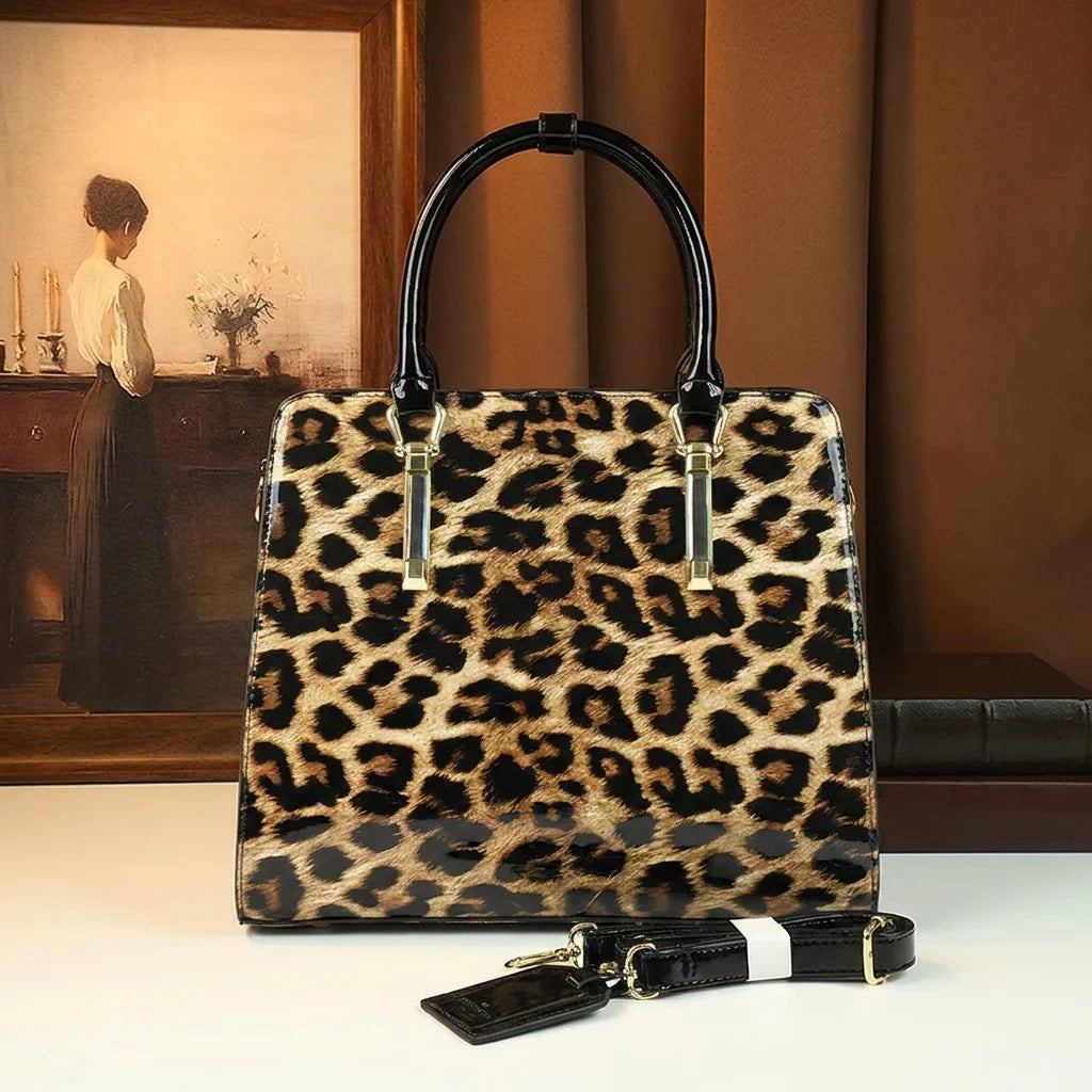 Leopard Patent Shoulder Satchel, Water-Resistant PU Bag - product photo 1
