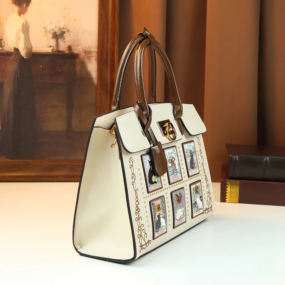 Tarot Cat-Print Boston Bag, Artistic Shoulder Bag - product photo 5