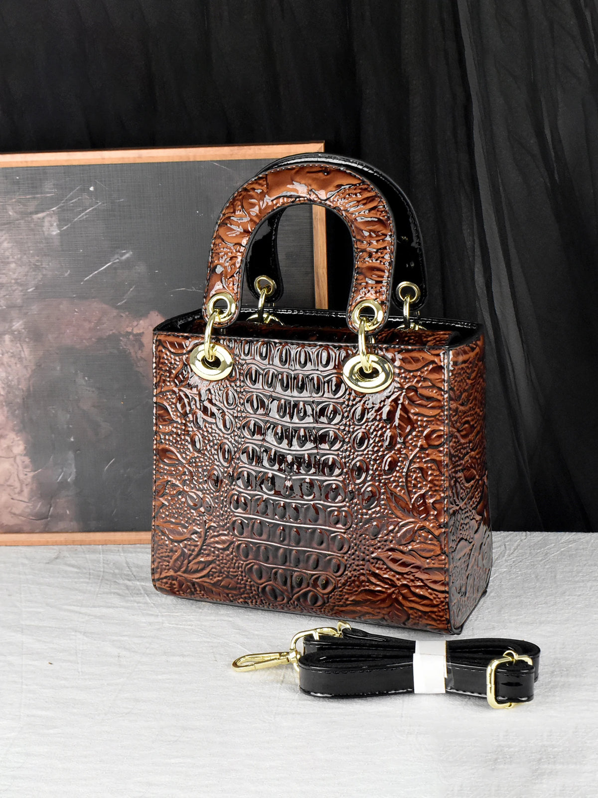 Croc & Floral Embossed Patent Tote, Top-Handle Satchel - product photo 3