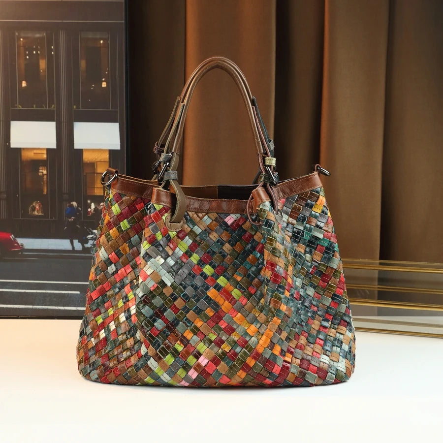 Woven Genuine Leather Tote, Colour-Blocked Barrel Bag - product photo 1