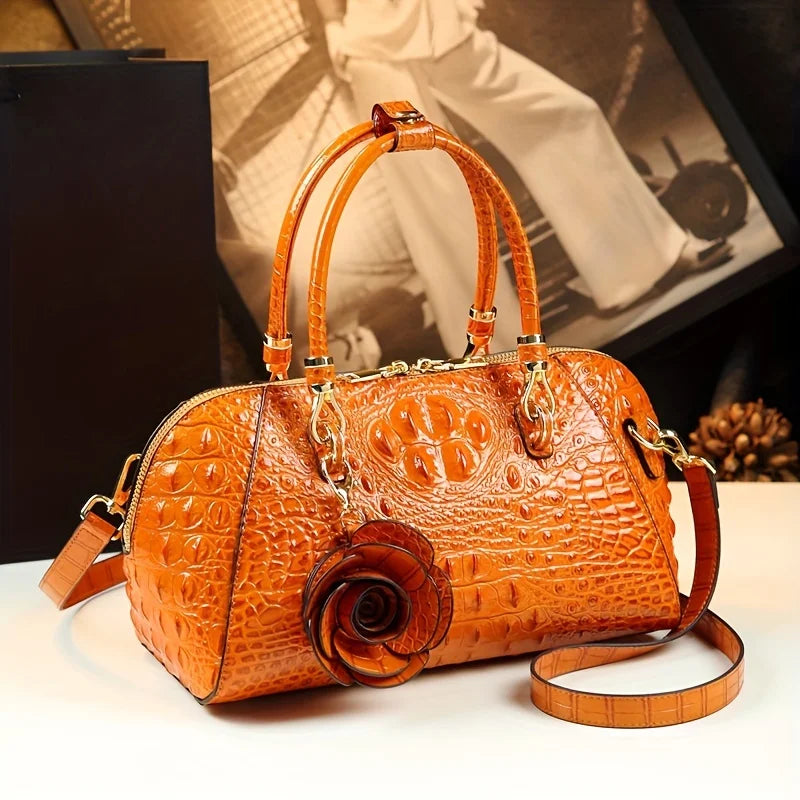 Croc-Print Top-Handle Satchel with Tassel - product photo 3