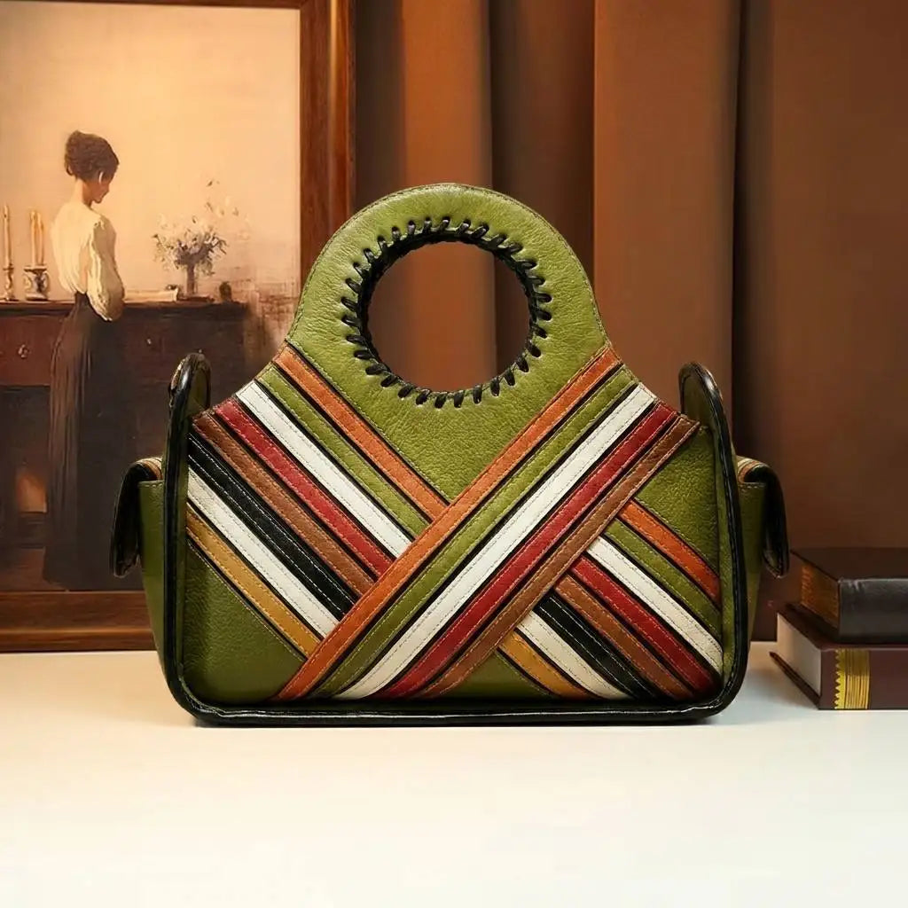 Striped Patchwork Satchel with Circular Top Handle - product photo 5