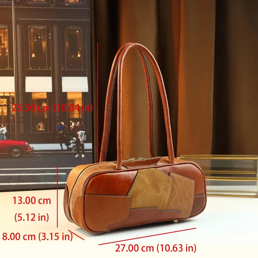 Colour-Block Genuine Leather Satchel, Earth-Tone Bag - product photo 2