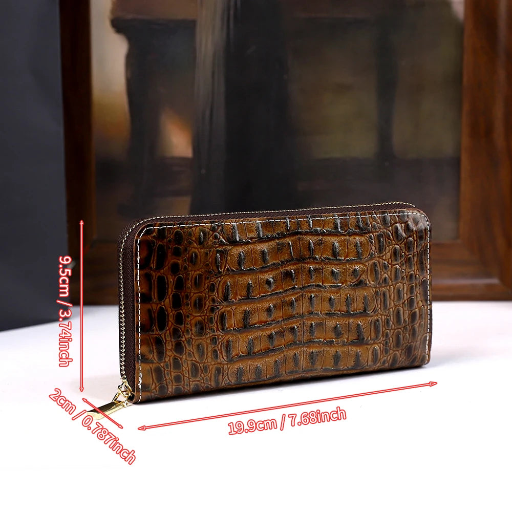 Croc-Pattern Long Wallet, Genuine Leather Card Case - product photo 3