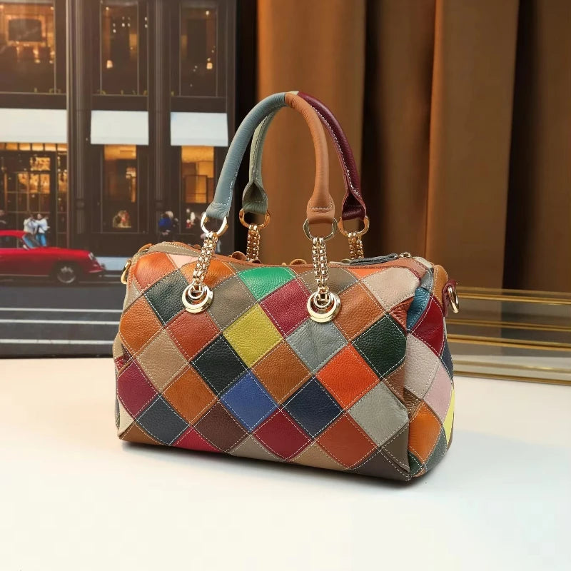 Genuine Leather Pillow Bag with Flower Patchwork - product photo 6