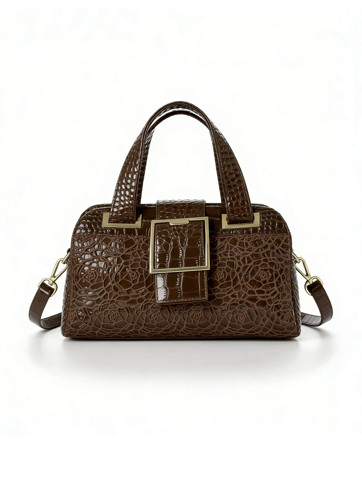 Croc-Embossed Floral Tote, Gold-Buckle Shoulder Bag - product photo 6