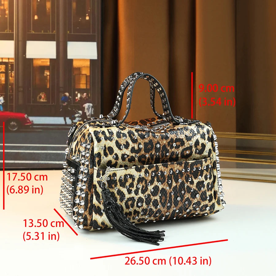 Leopard Pillow Shoulder Bag, Rivet Detail PU Tote - product photo 3