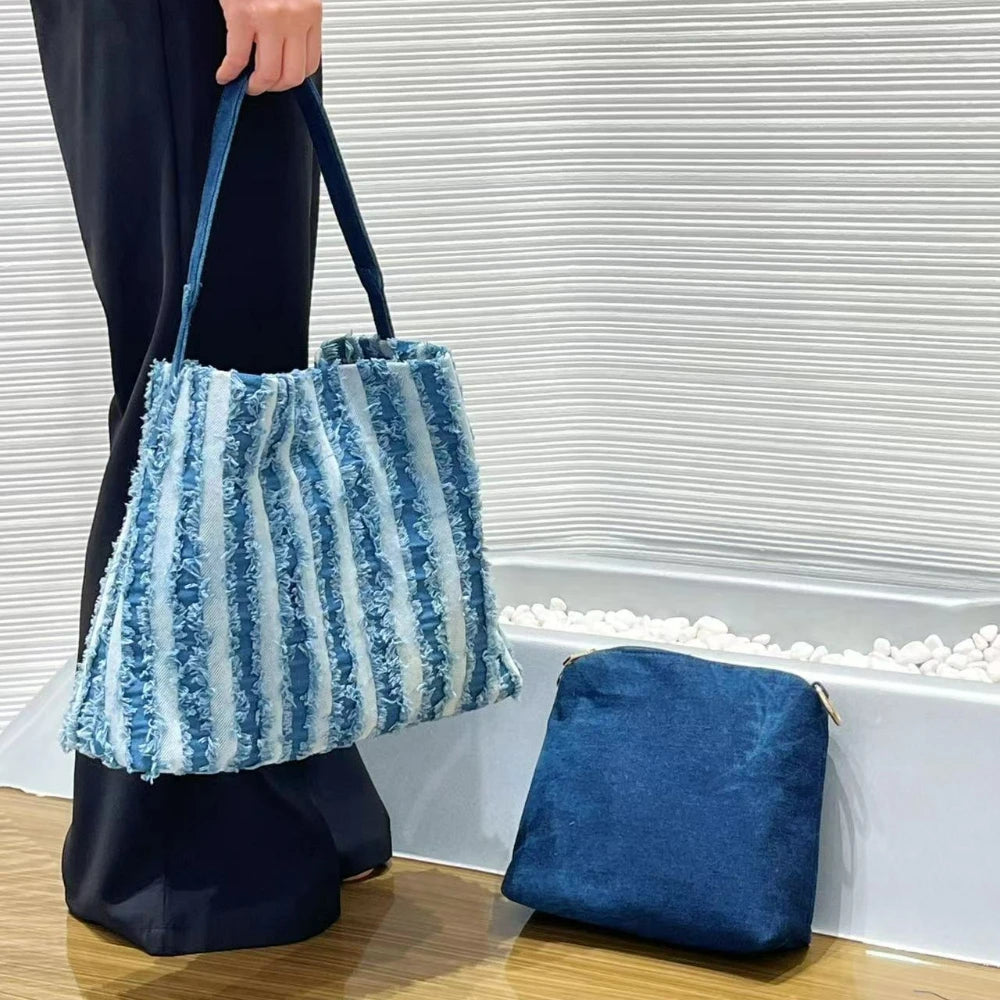 Striped Denim Tote Bag, Casual Shoulder Bag - product photo 5