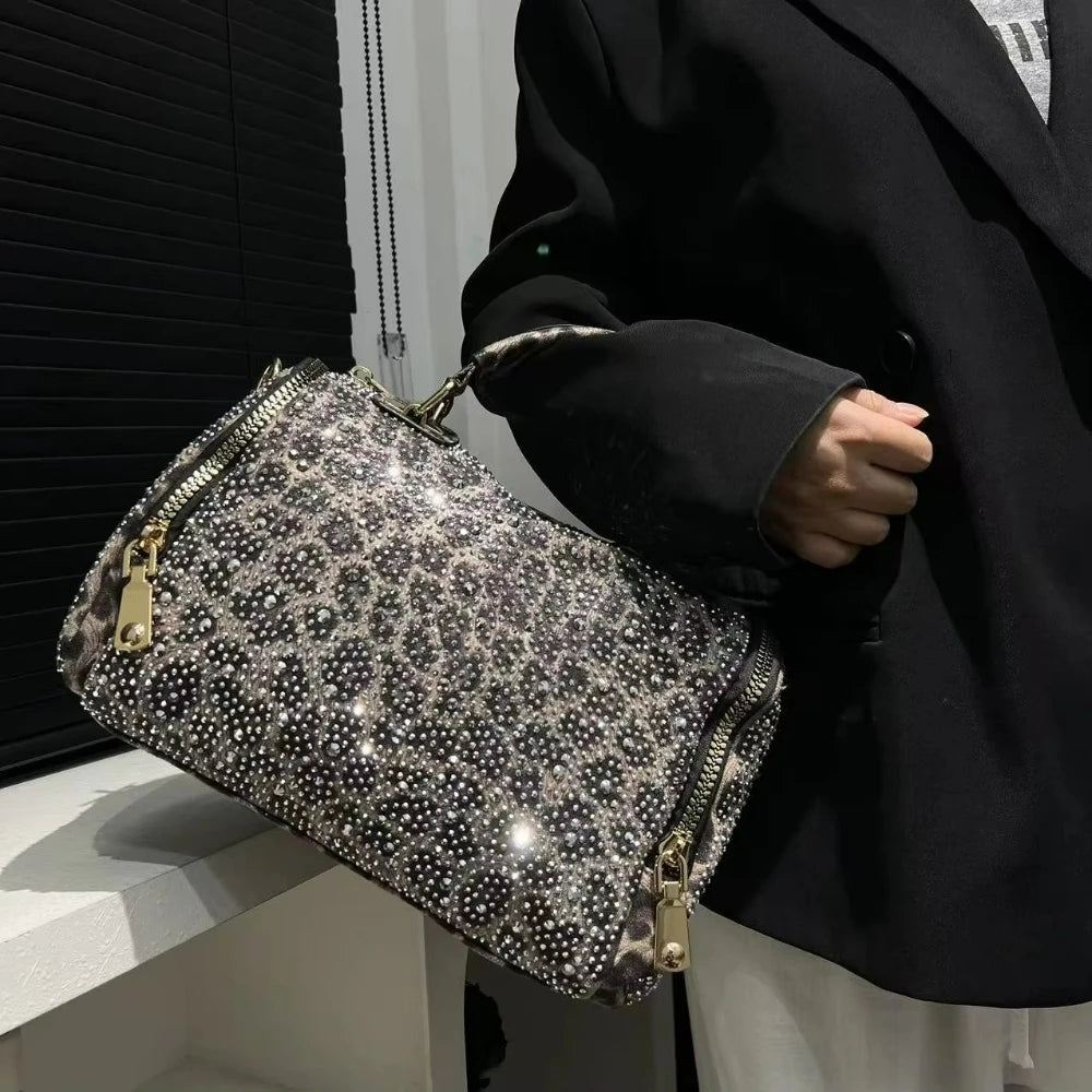 Leopard Print Rhinestone Bag, PU Crossbody - product photo 3