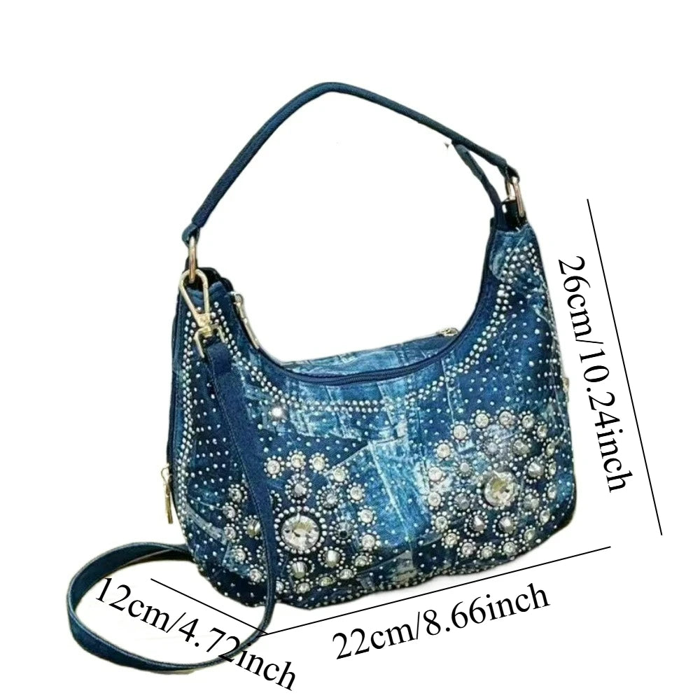 Washed Denim Handbag with Rhinestone Detail - product photo 2