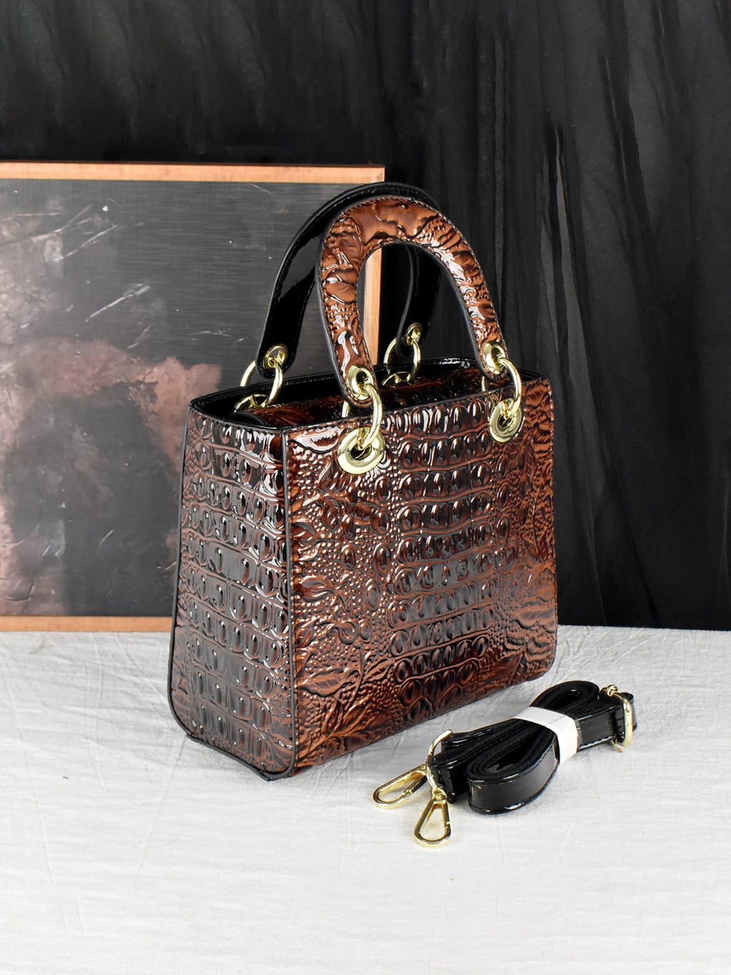 Croc & Floral Embossed Patent Tote, Top-Handle Satchel - product photo 5