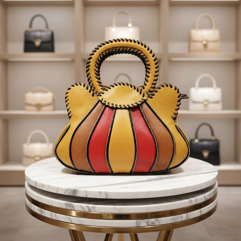 Fan-Shaped Patchwork Handbag with Braided Handle - product photo 3