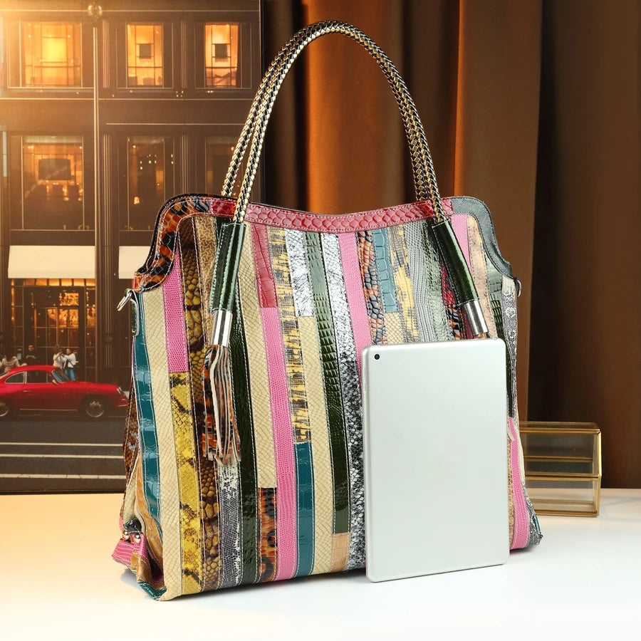 Oversized Patchwork Genuine Leather Tote, Retro Shoulder Bag - product photo 2