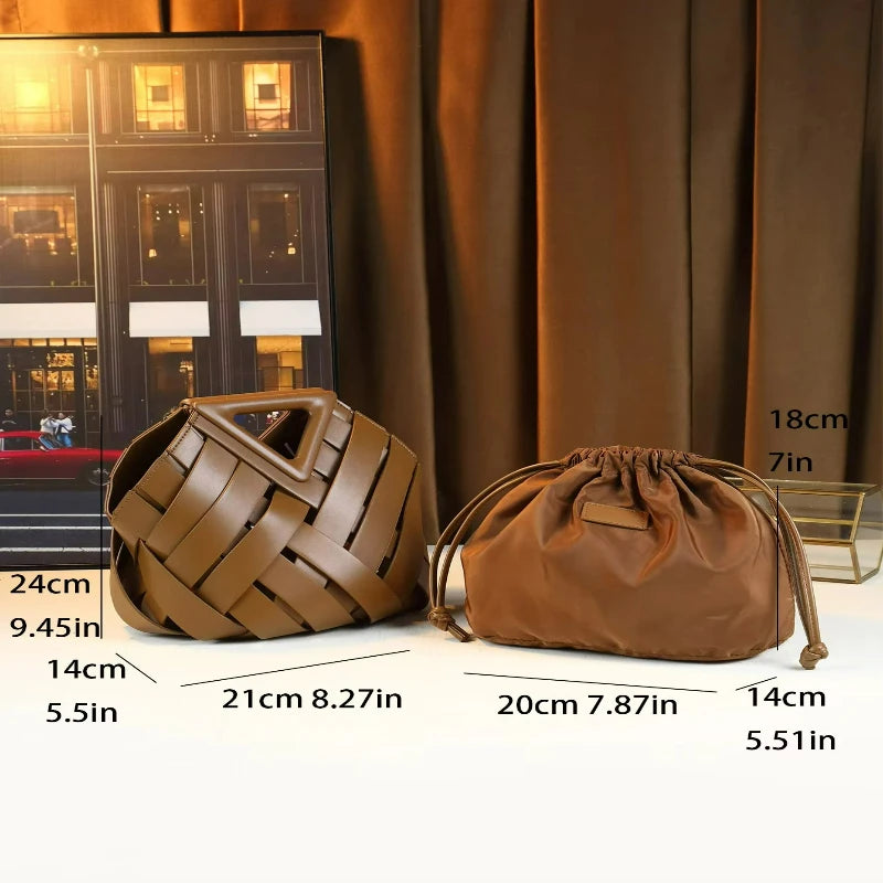 Woven Barrel Handbag, Geometric Soft PU Top-Handle Bag - product photo 6
