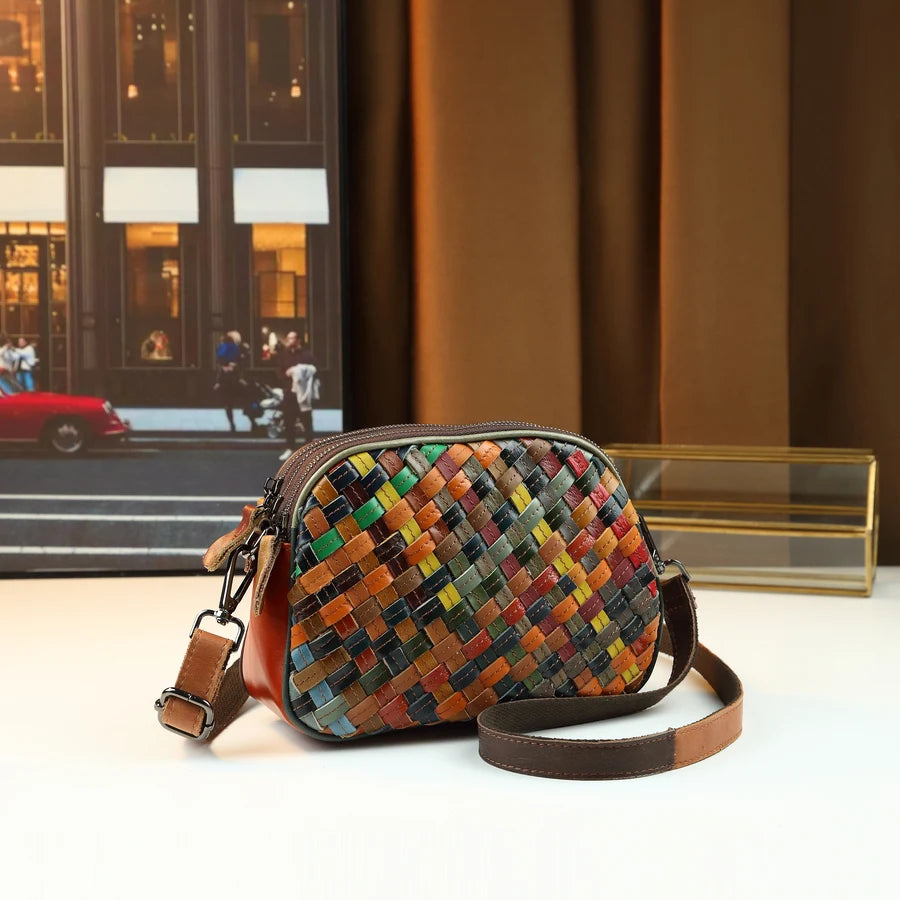 Woven Genuine Leather Crossbody Bag, Compact Messenger - product photo 1