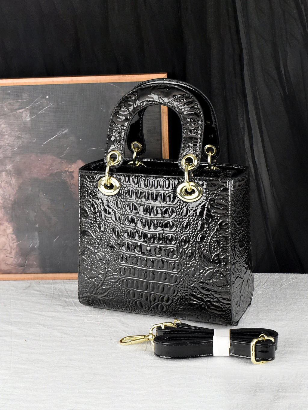 Croc & Floral Embossed Patent Tote, Top-Handle Satchel - product photo 2