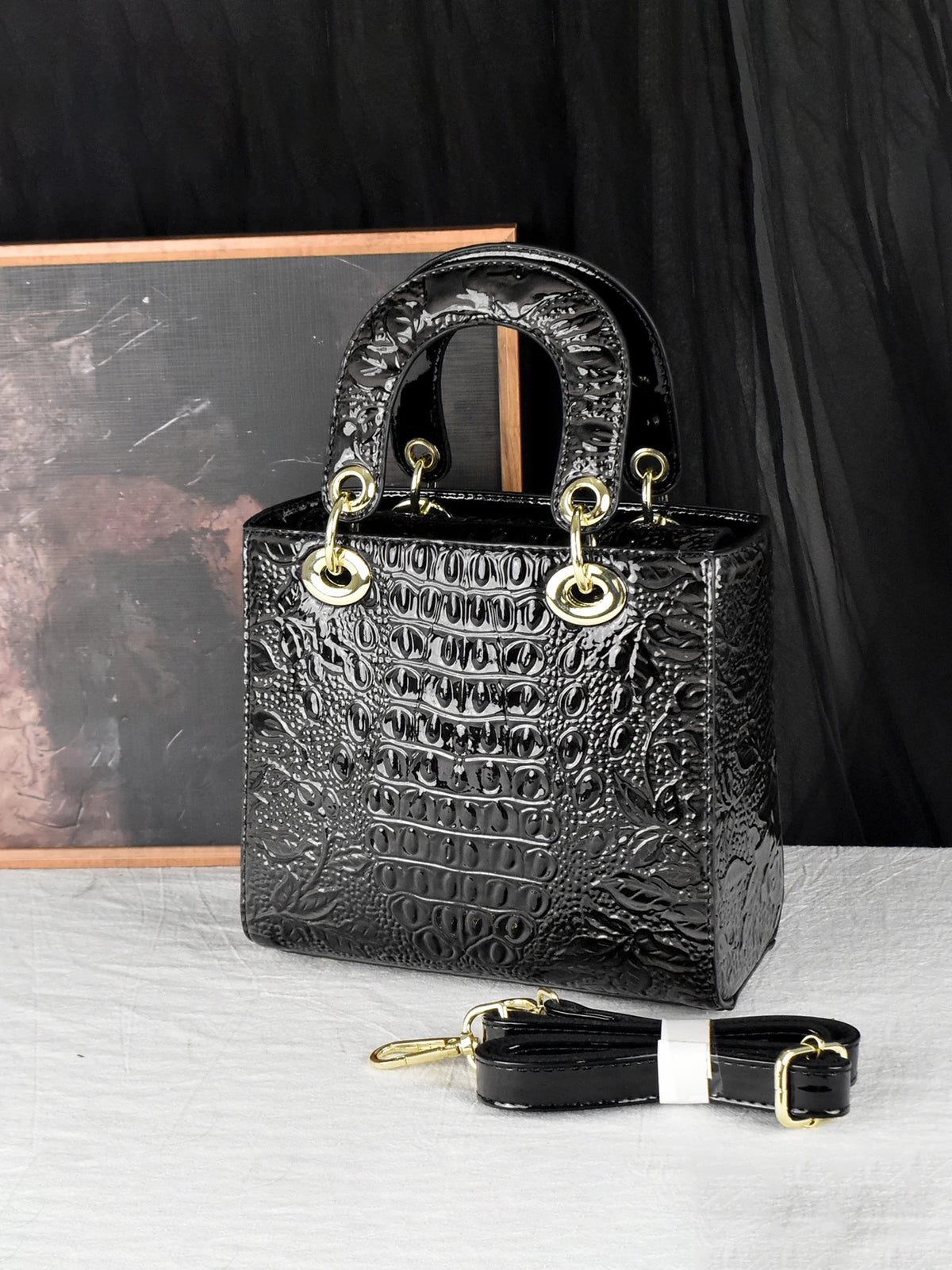 Croc & Floral Embossed Patent Tote, Top-Handle Satchel - product photo 2