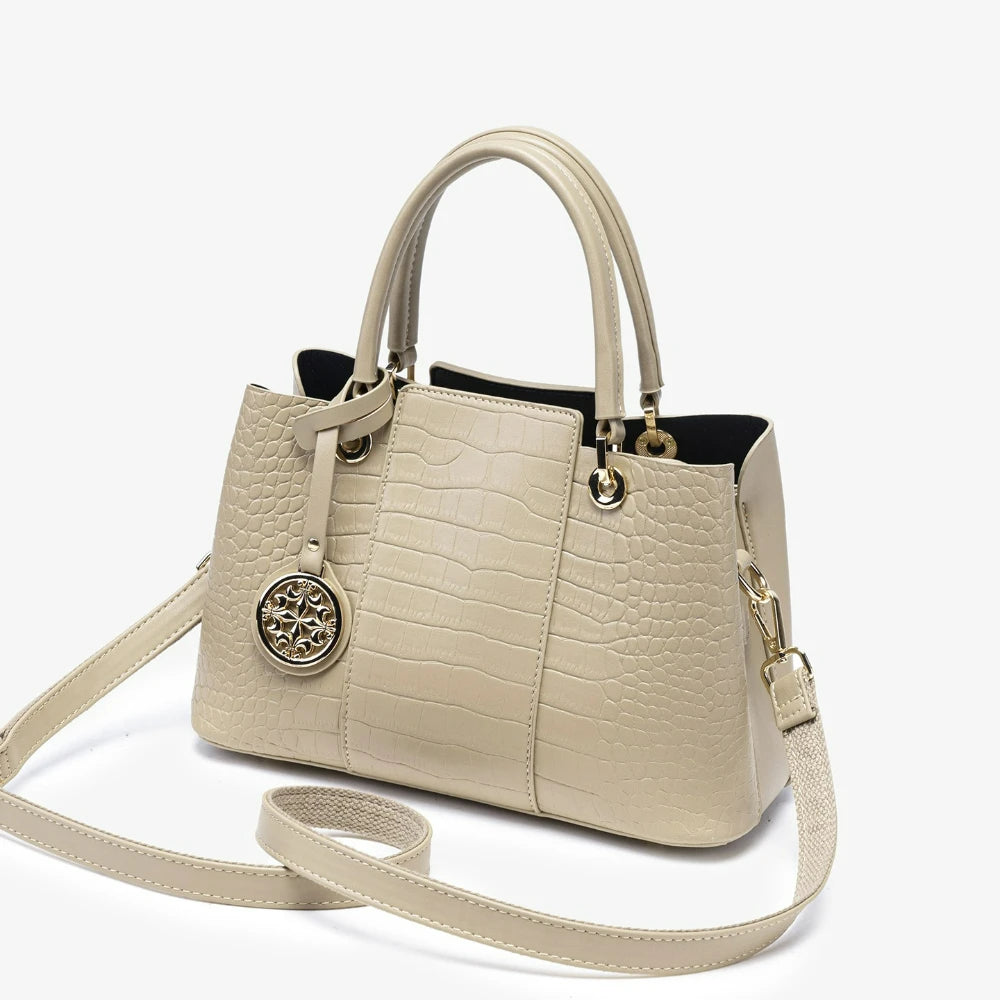 Croc-Embossed Tote Bag with Tassel, Beige Shoulder Bag - product photo 3