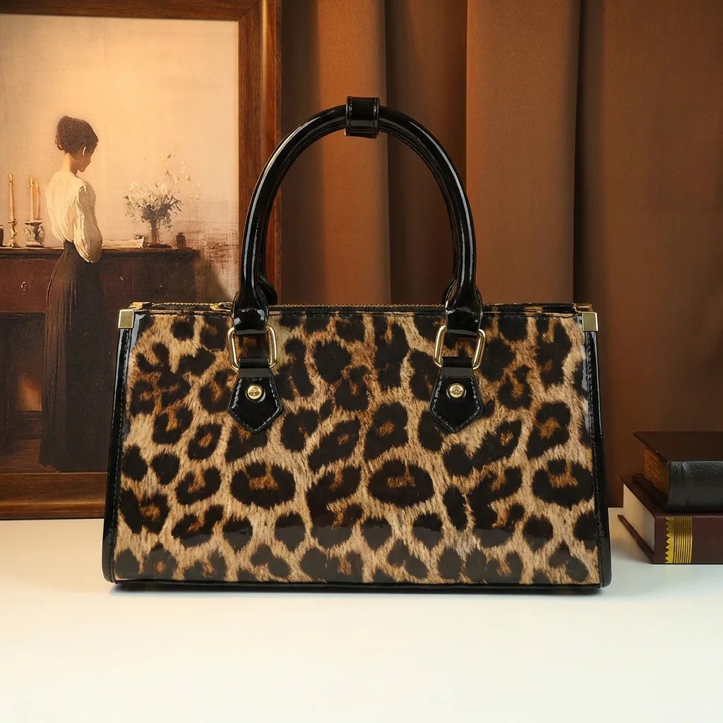 Leopard Tote with Patent Trim, Top-Handle Satchel - product photo 1