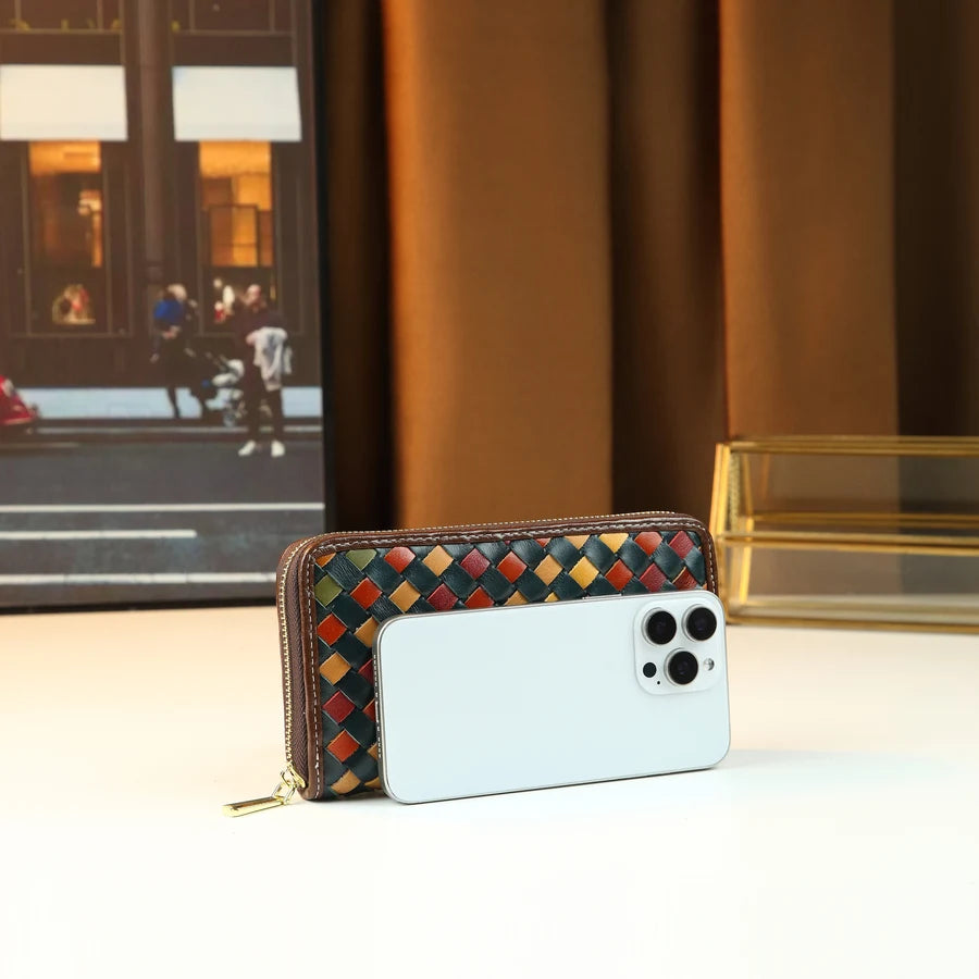 Genuine Leather Woven Clutch, Multi-Layer Long Wallet - product photo 3