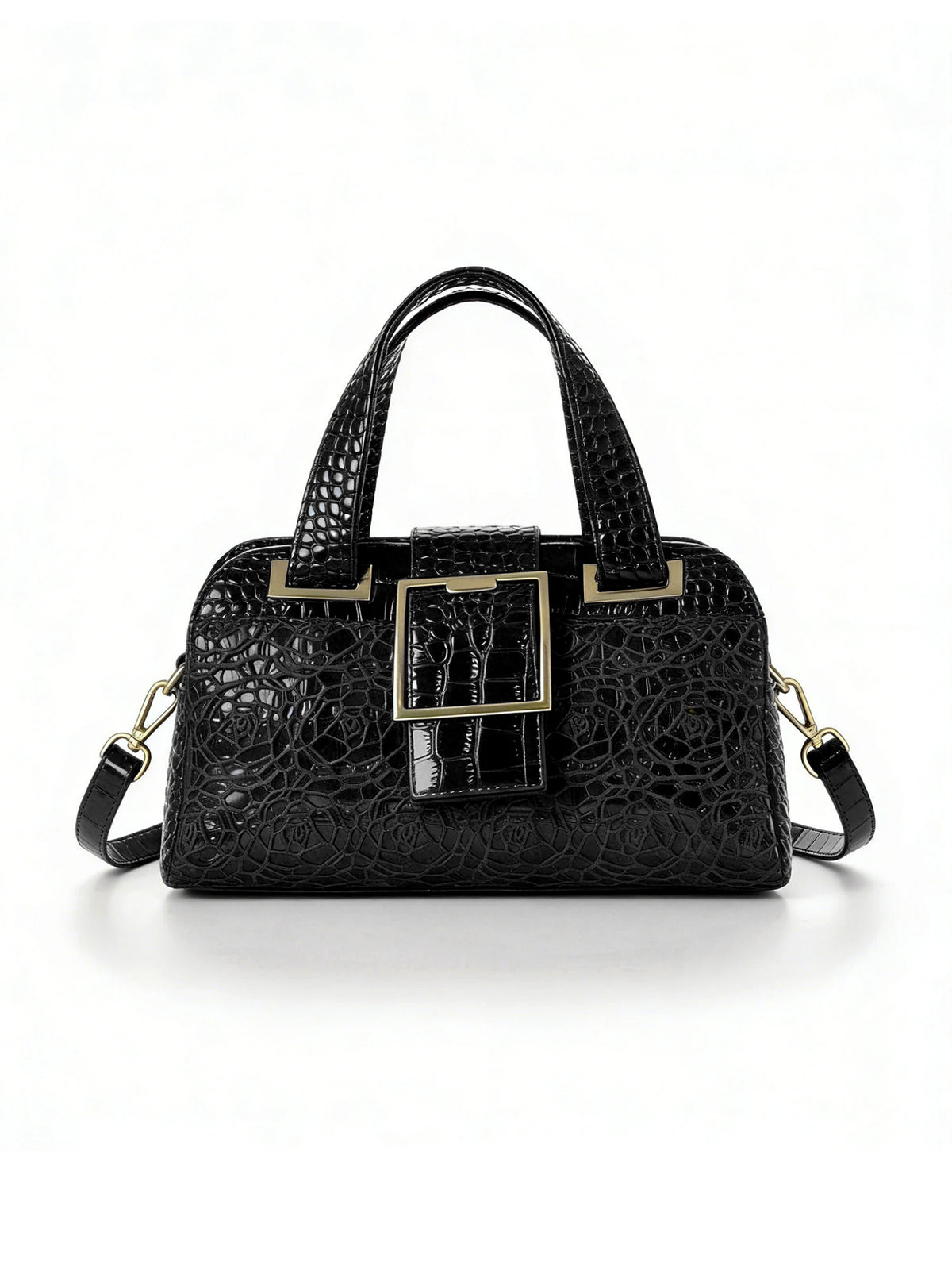 Croc-Embossed Floral Tote, Gold-Buckle Shoulder Bag - product photo 2