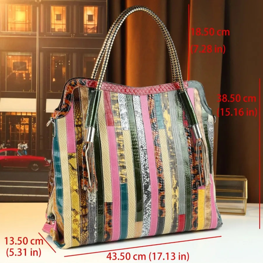 Oversized Patchwork Genuine Leather Tote, Retro Shoulder Bag - product photo 4