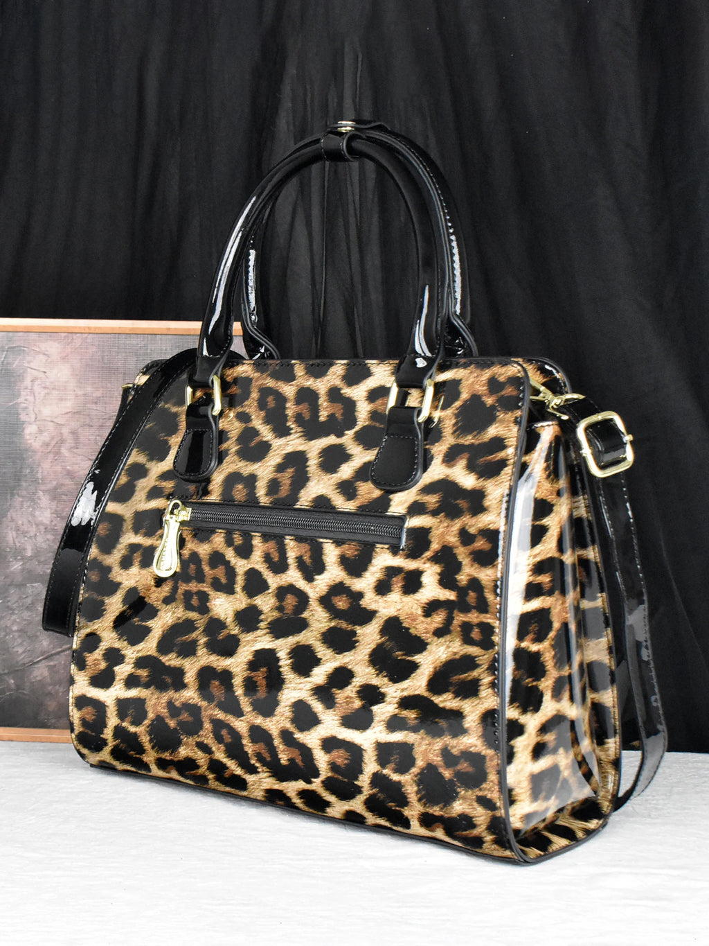 Leopard Patent Shoulder Satchel, Water-Resistant PU Bag - product photo 3