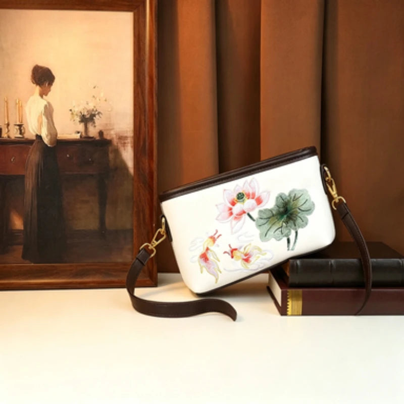 Lotus and Koi Embroidered Crossbody Bag, Chinese Style - product photo 6