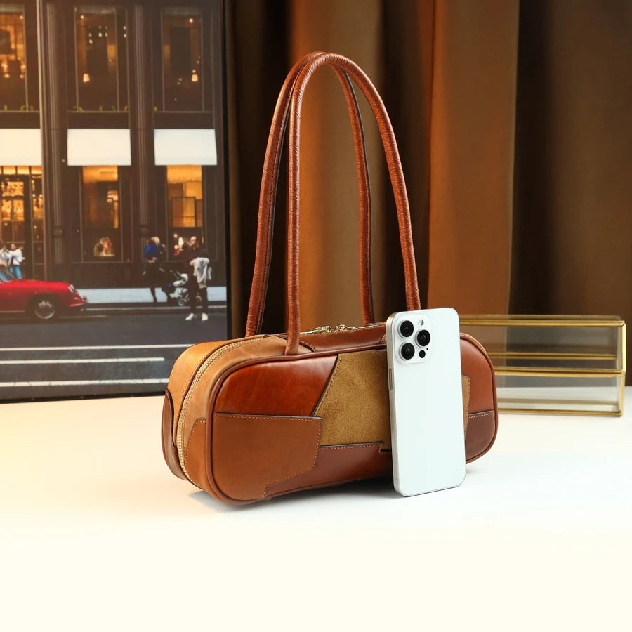Colour-Block Genuine Leather Satchel, Earth-Tone Bag - product photo 3