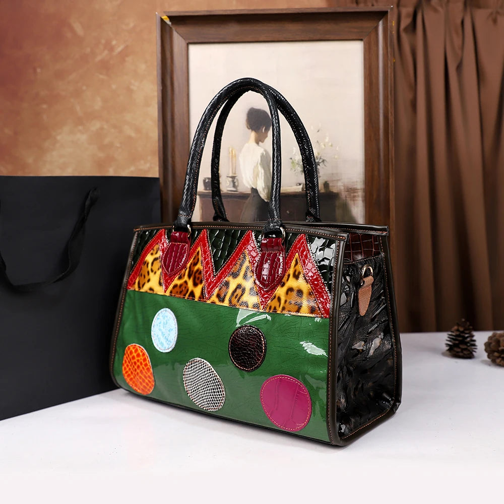 Bohemian Patchwork Cowhide Tote, Colour-Block Bag - product photo 2