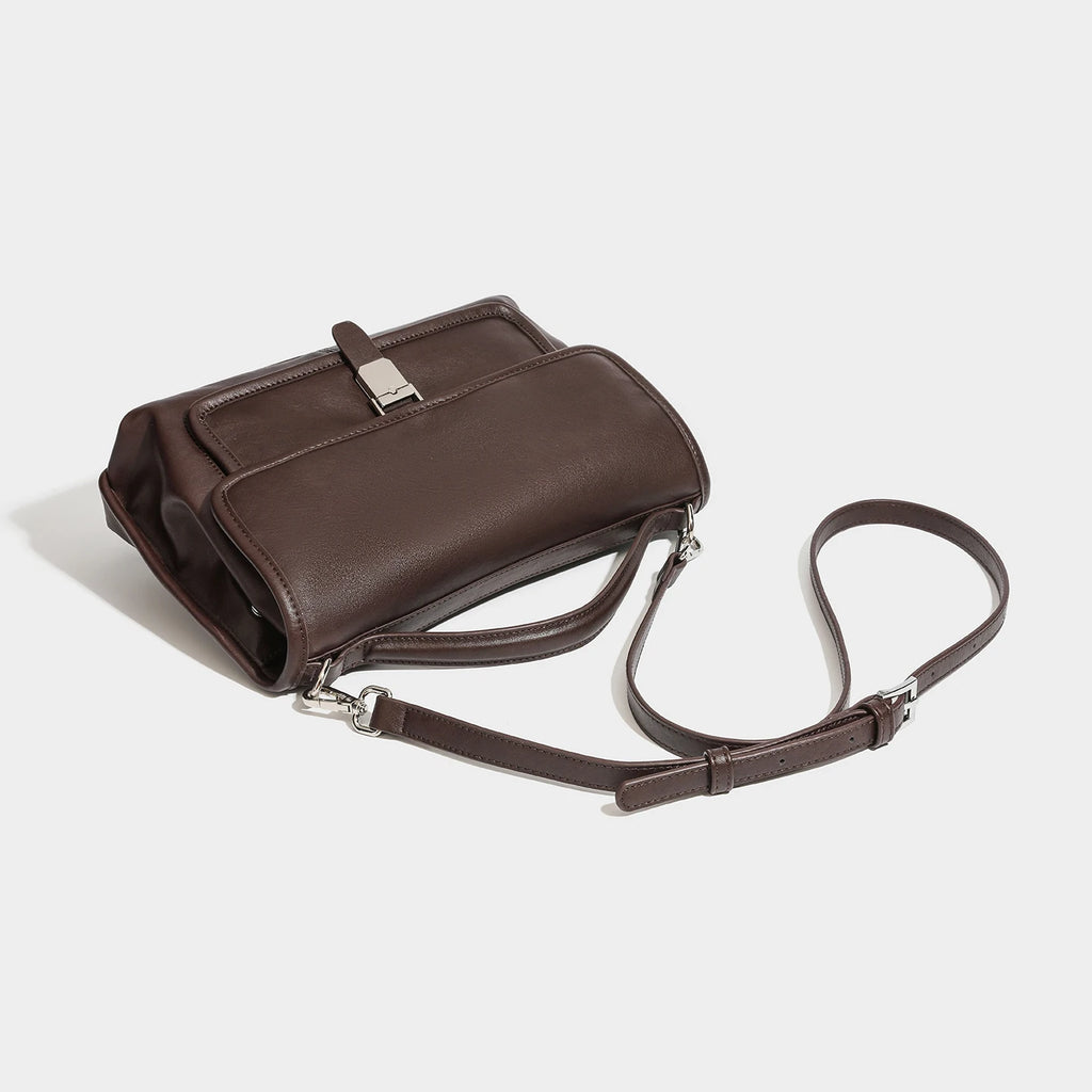Vintage PU Flap Satchel, Silver-Buckle Top Handle Bag - product photo 4