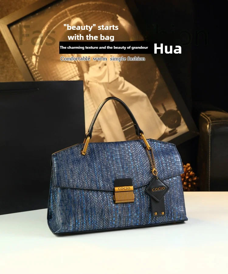 Serpentine-Print Satchel, Retro Blue Shoulder Bag - product photo 6