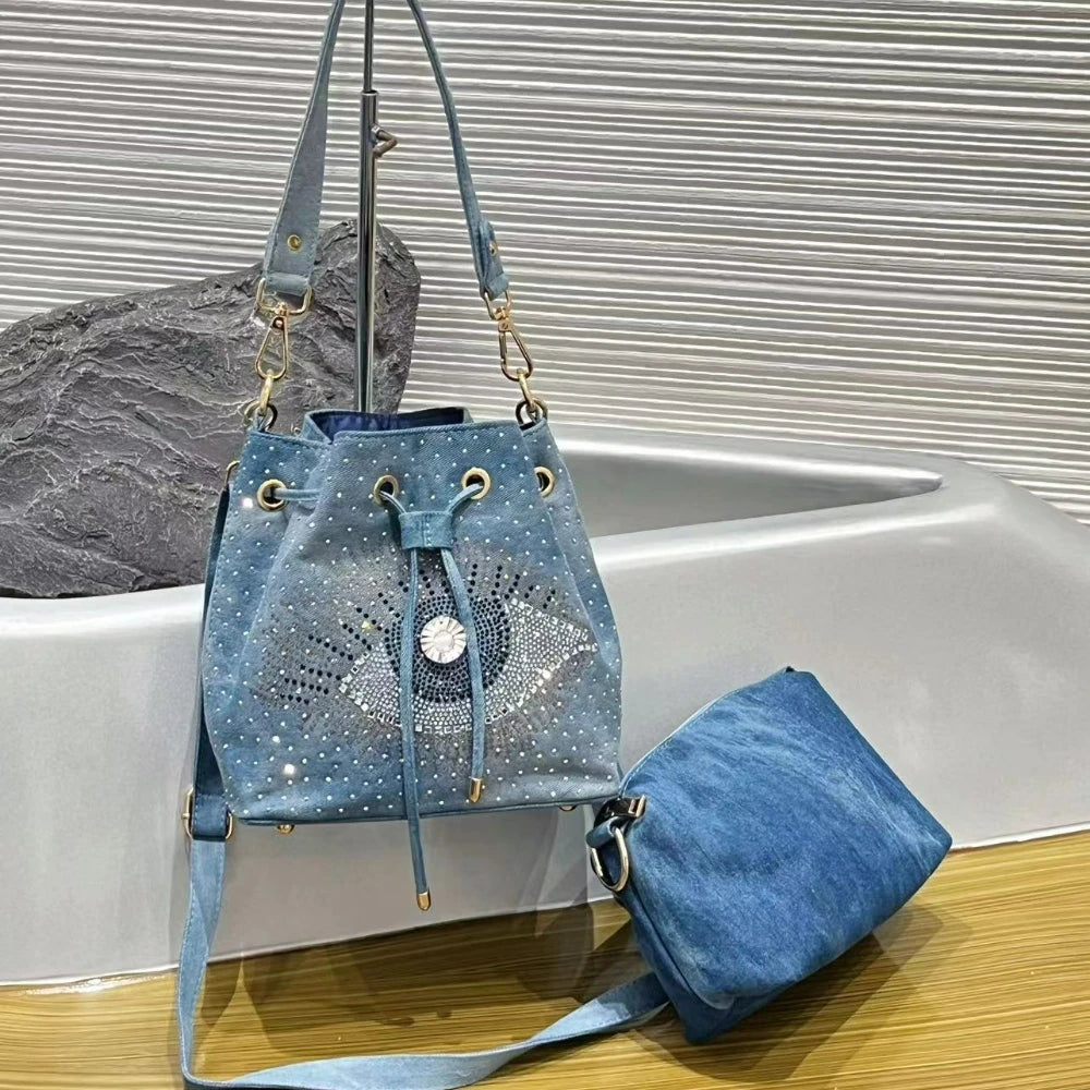 Evil-Eye Rhinestone Bucket Bag, 2-Piece Denim-Look Set - product photo 4