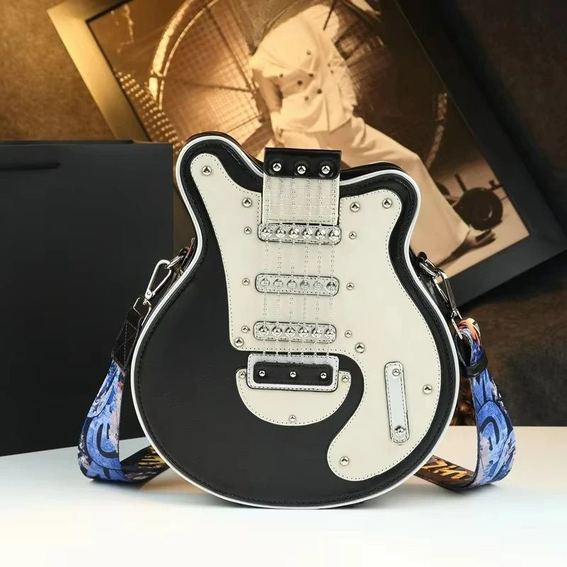 Guitar-Shaped Crossbody Bag, Vintage PU Punk Shoulder Bag - product photo 2