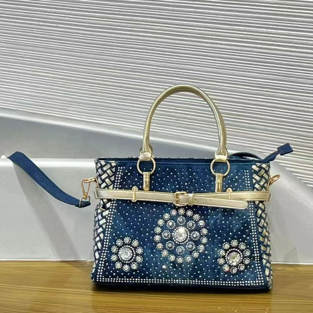 Rhinestone Denim Satchel with Braided Edge - product photo 4