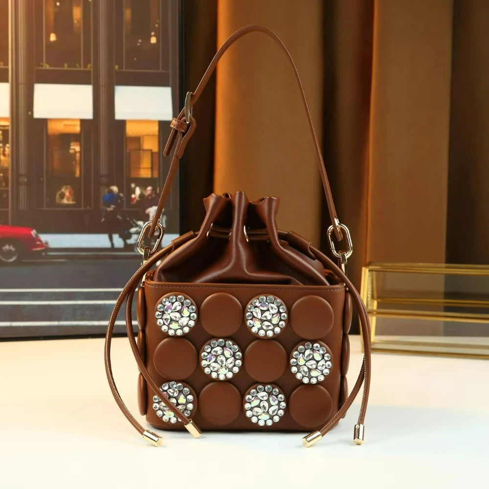 Rhinestone Button Small Square Bag, Drawstring Purse - product photo 1