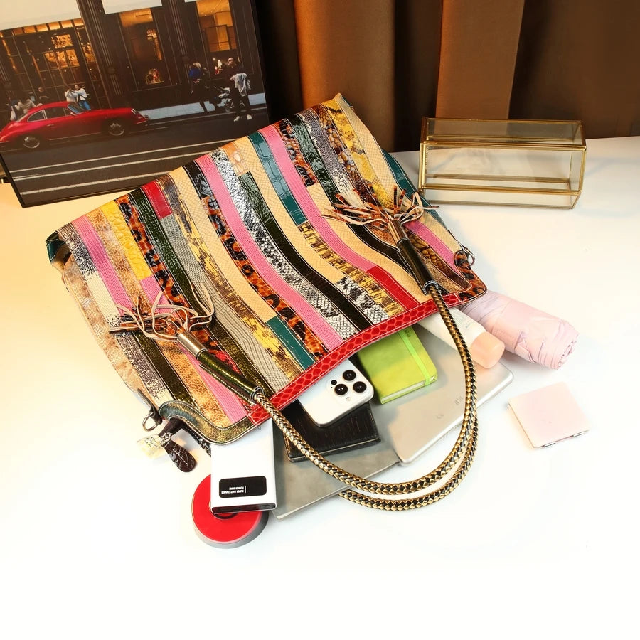 Oversized Patchwork Genuine Leather Tote, Retro Shoulder Bag - product photo 5