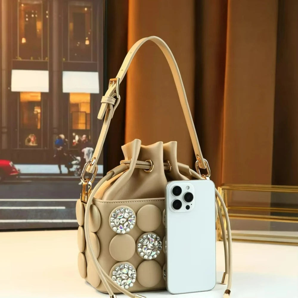 Rhinestone Button Small Square Bag, Drawstring Purse - product photo 3