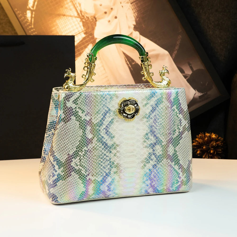 Snakeskin Genuine Leather Bag with Jade Handle - product photo 5