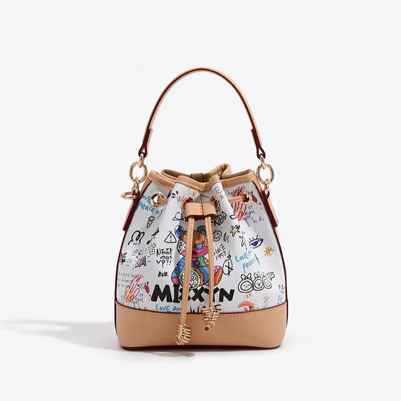 Graffiti Bucket Bag, Cartoon-Print Drawstring Bag - product photo 2