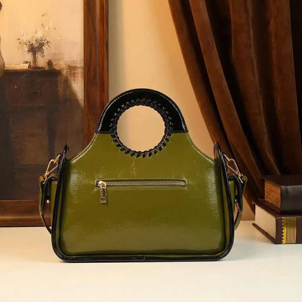 Striped Patchwork Satchel with Circular Top Handle - product photo 2