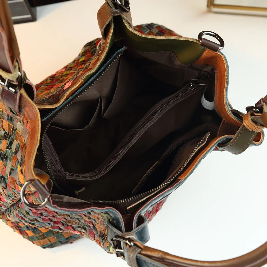 Woven Genuine Leather Tote, Colour-Blocked Barrel Bag - product photo 4