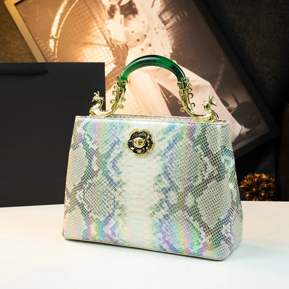 Snakeskin Genuine Leather Bag with Jade Handle - product photo 4