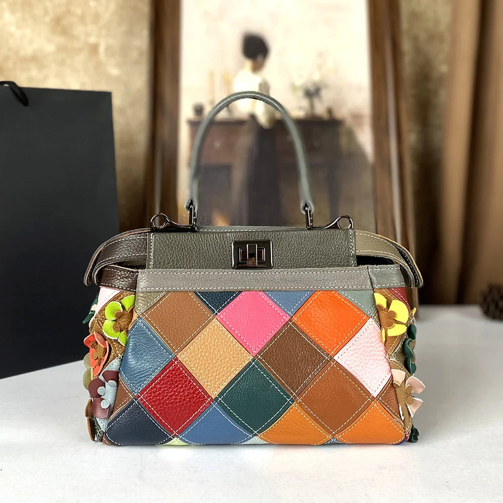 Genuine Cowhide Button Bag with Floral Motif - product photo 4