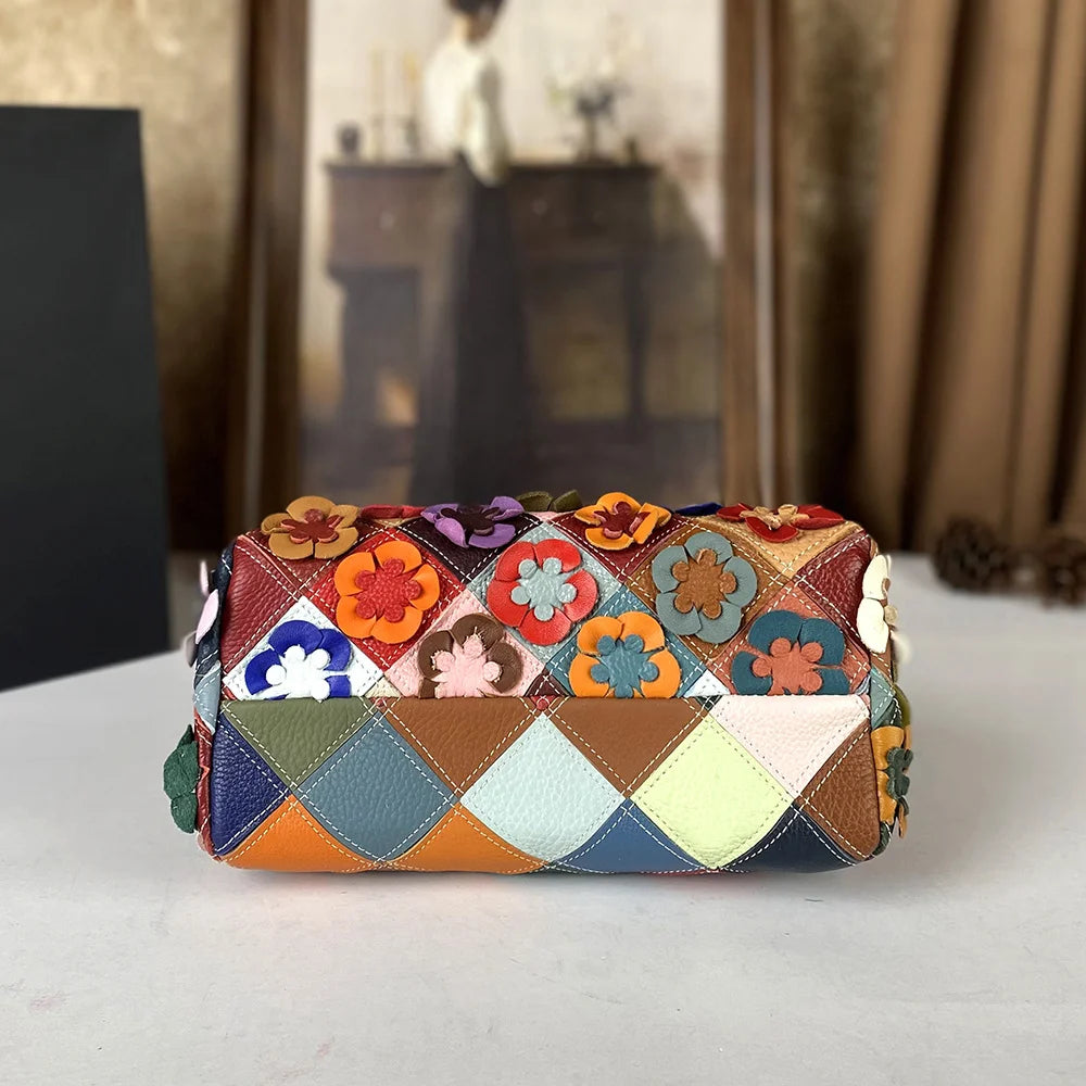 Genuine Cowhide Button Bag with Floral Motif - product photo 6