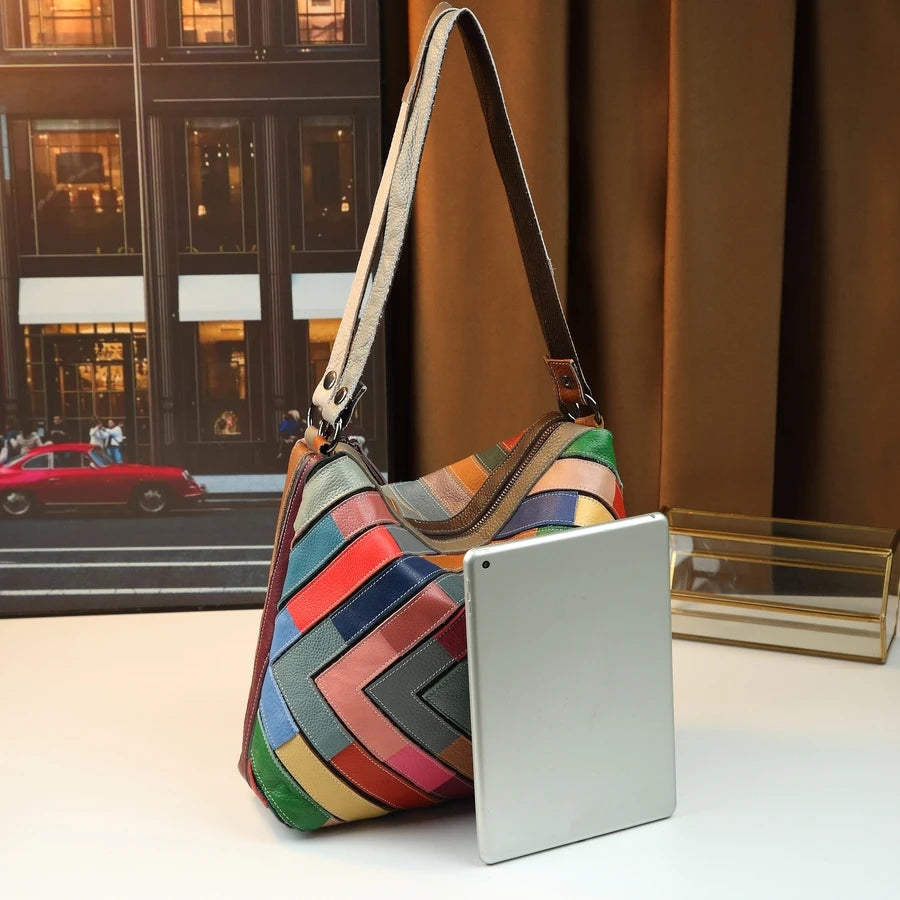 Geometric Patchwork Genuine Leather Square Bag - product photo 3