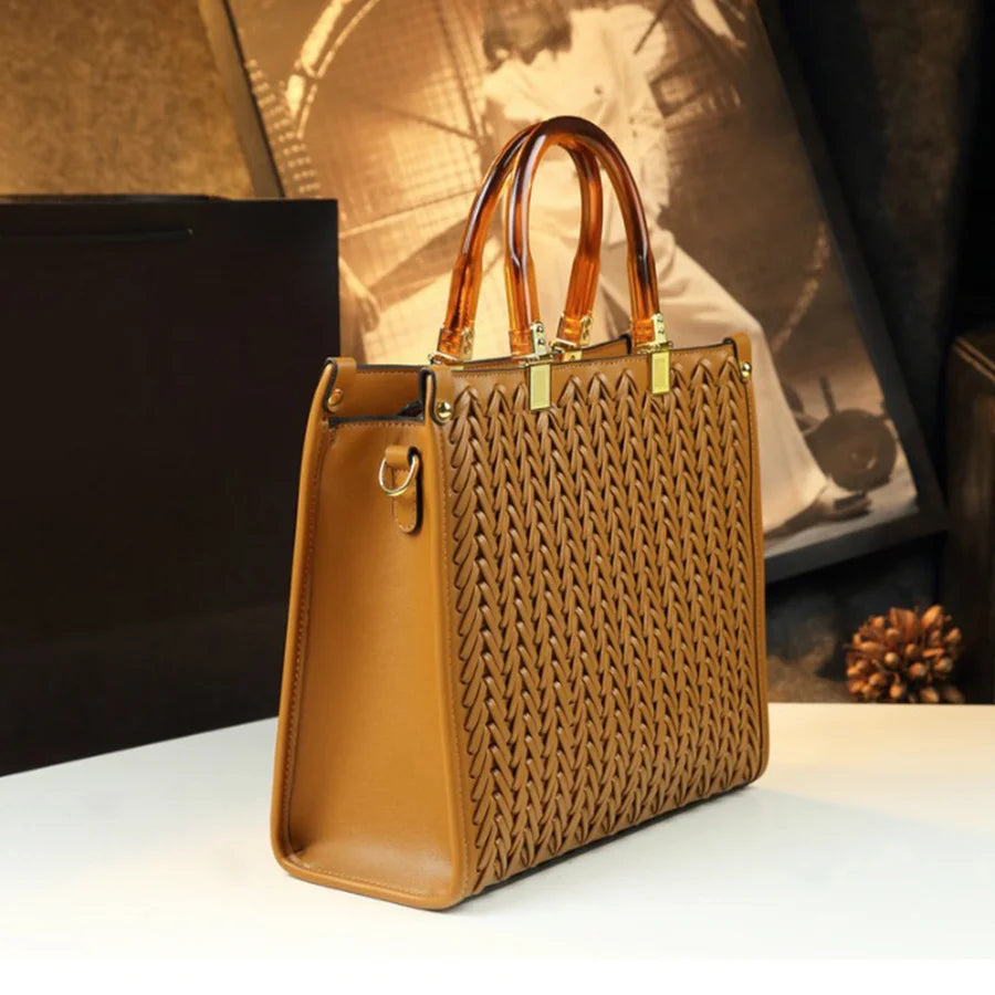 Woven PU Trapezoid Tote, Large Commuting Bag - product photo 3